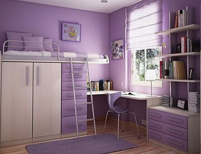 Французские шторы из полупрозрачной ткани в спальне подростка в фиолетовых тонах №13
