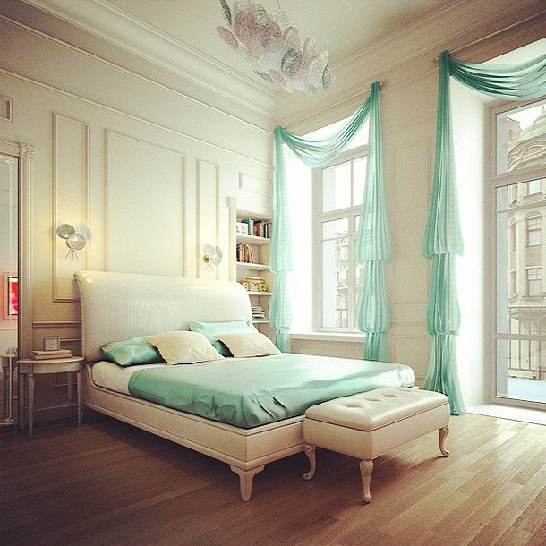 бирюзовые шторы в спальне
